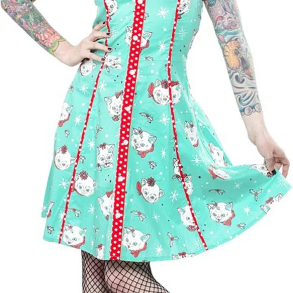 Sourpuss Clothing Retro 1950s Christmas Kitties Peggy Dress Multiple Sizes Cats - Picture 2 of 4